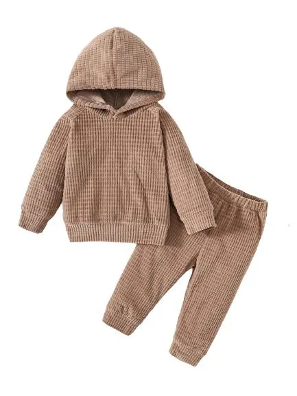 6M-3Y Baby Boys Clothes Boys Waffle Pattern Casual Knitted Long Sleeve Hoodies Tops Elastic Pants 2Pcs Outfits Size: 6M-3Y Khaki Catpapa 462308182