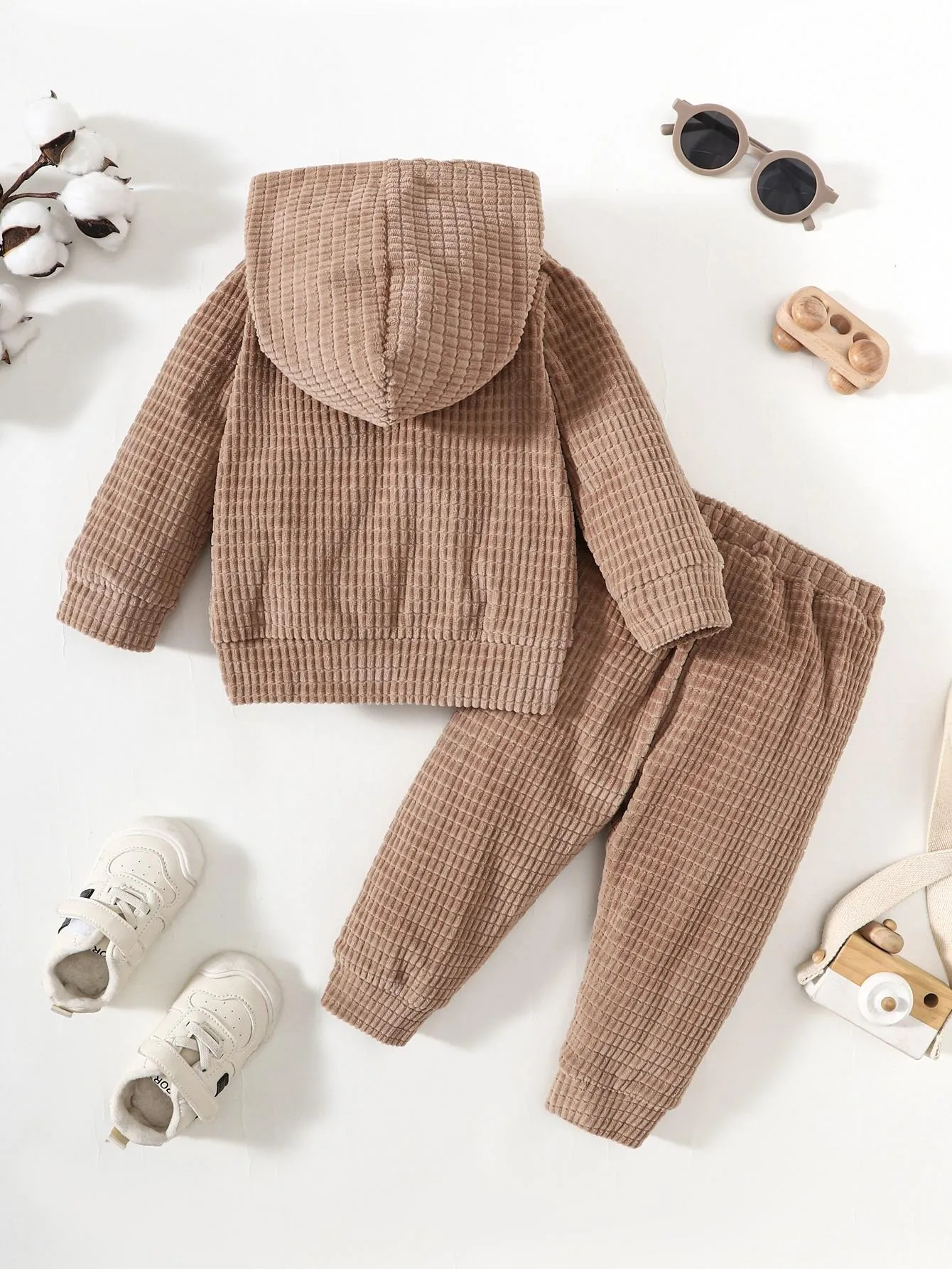 6M-3Y Baby Boys Clothes Boys Waffle Pattern Casual Knitted Long Sleeve Hoodies Tops Elastic Pants 2Pcs Outfits Size: 6M-3Y Khaki Catpapa 462308182