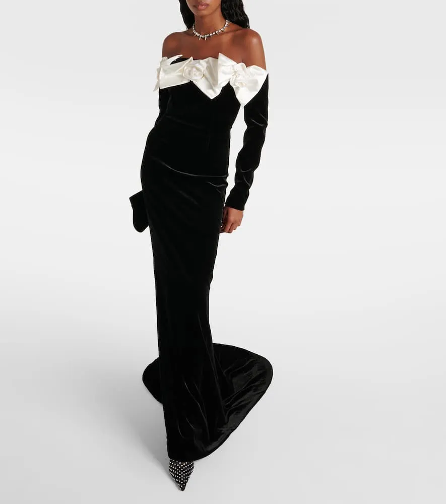 Alessandra Rich Bow-detail off-shoulder velvet gown