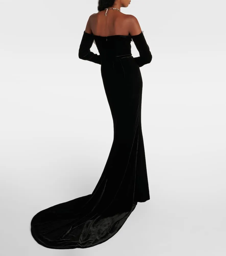 Alessandra Rich Bow-detail off-shoulder velvet gown