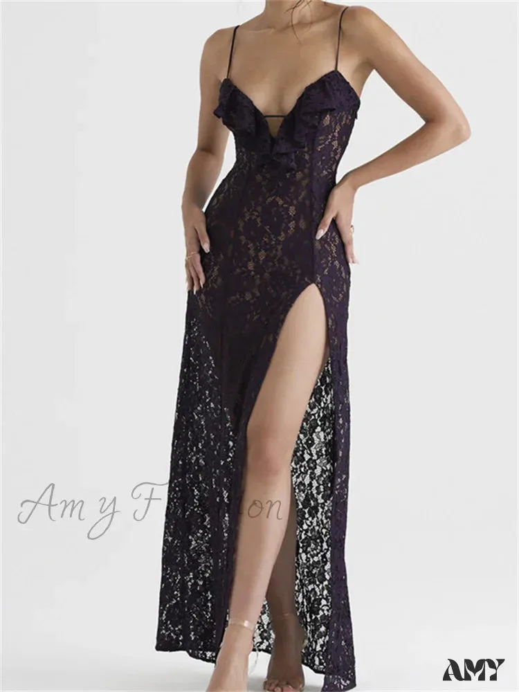 Amy Fashion - Lace Floral See Through  for Women Sexy Sleeveless Strap V-neck Ruffles Patchwork High Split Vestidos