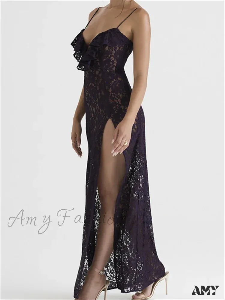 Amy Fashion - Lace Floral See Through  for Women Sexy Sleeveless Strap V-neck Ruffles Patchwork High Split Vestidos
