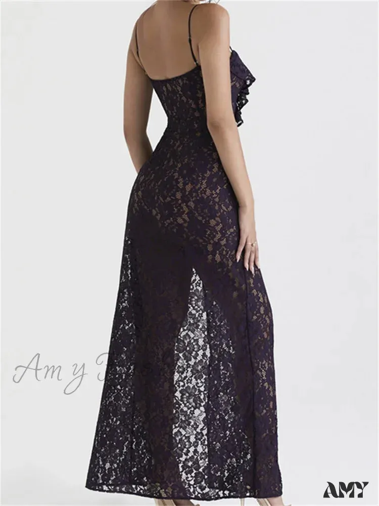 Amy Fashion - Lace Floral See Through  for Women Sexy Sleeveless Strap V-neck Ruffles Patchwork High Split Vestidos