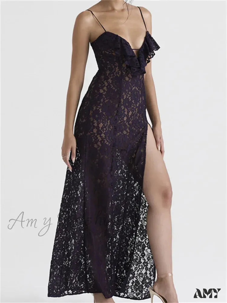 Amy Fashion - Lace Floral See Through  for Women Sexy Sleeveless Strap V-neck Ruffles Patchwork High Split Vestidos
