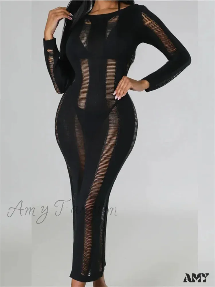 Amy Fashion - Women Knitted Spring Fall  Backless  Sleeve O-Neck Cutout Casual Party Female Vestidos Clubwear