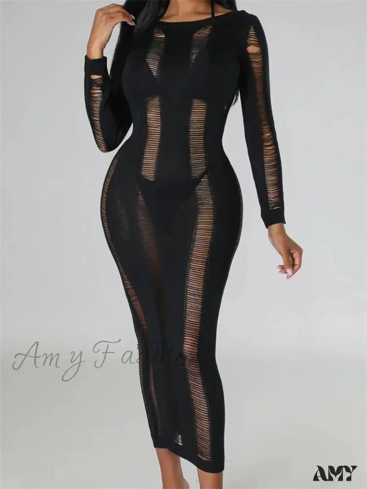 Amy Fashion - Women Knitted Spring Fall  Backless  Sleeve O-Neck Cutout Casual Party Female Vestidos Clubwear