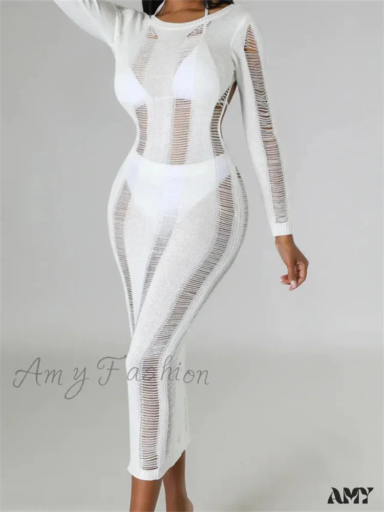 Amy Fashion - Women Knitted Spring Fall  Backless  Sleeve O-Neck Cutout Casual Party Female Vestidos Clubwear