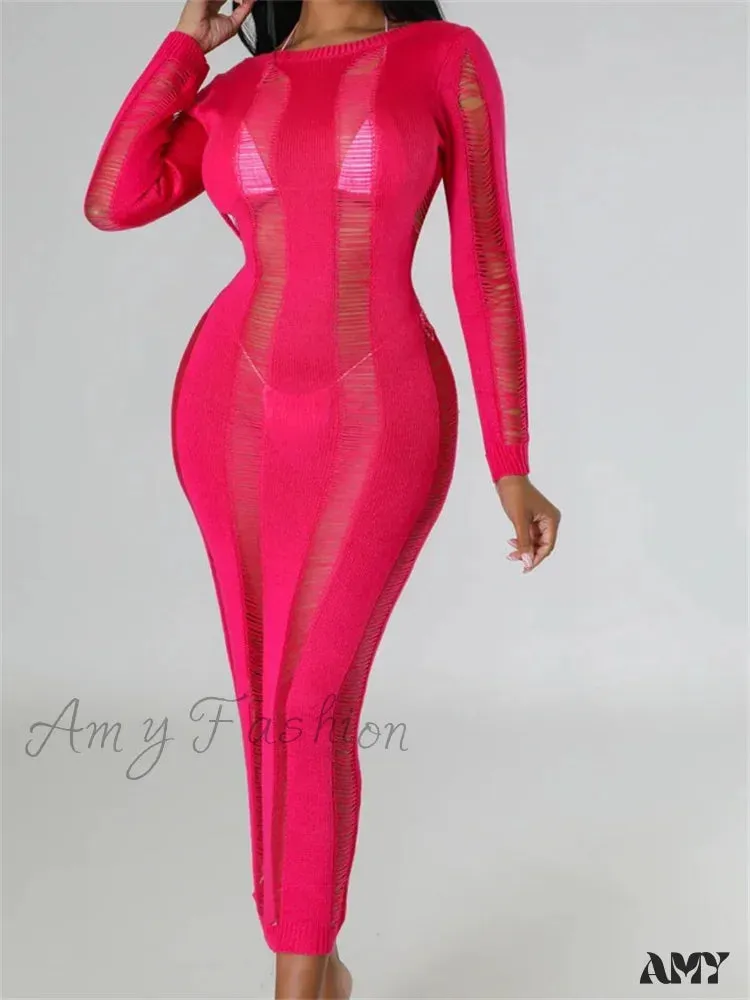 Amy Fashion - Women Knitted Spring Fall  Backless  Sleeve O-Neck Cutout Casual Party Female Vestidos Clubwear