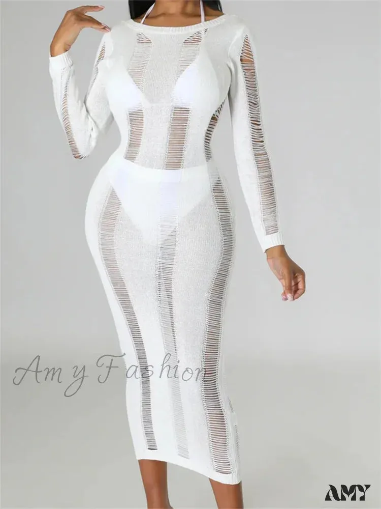 Amy Fashion - Women Knitted Spring Fall  Backless  Sleeve O-Neck Cutout Casual Party Female Vestidos Clubwear
