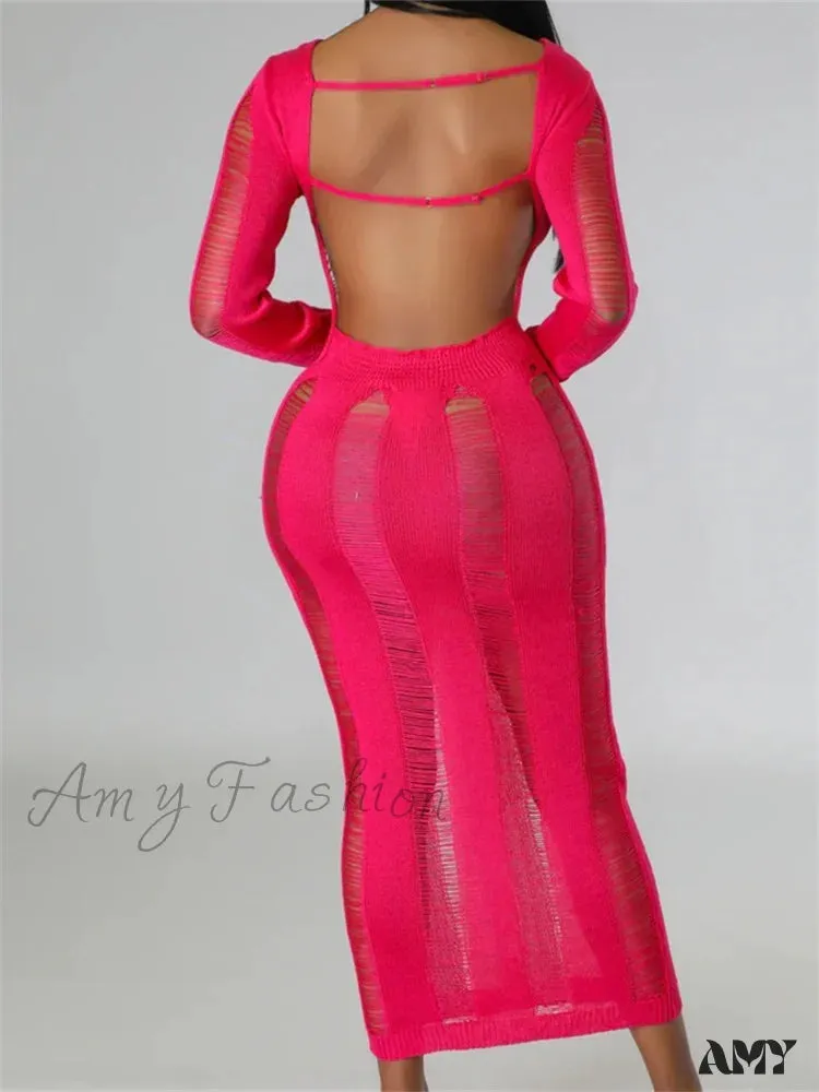 Amy Fashion - Women Knitted Spring Fall  Backless  Sleeve O-Neck Cutout Casual Party Female Vestidos Clubwear