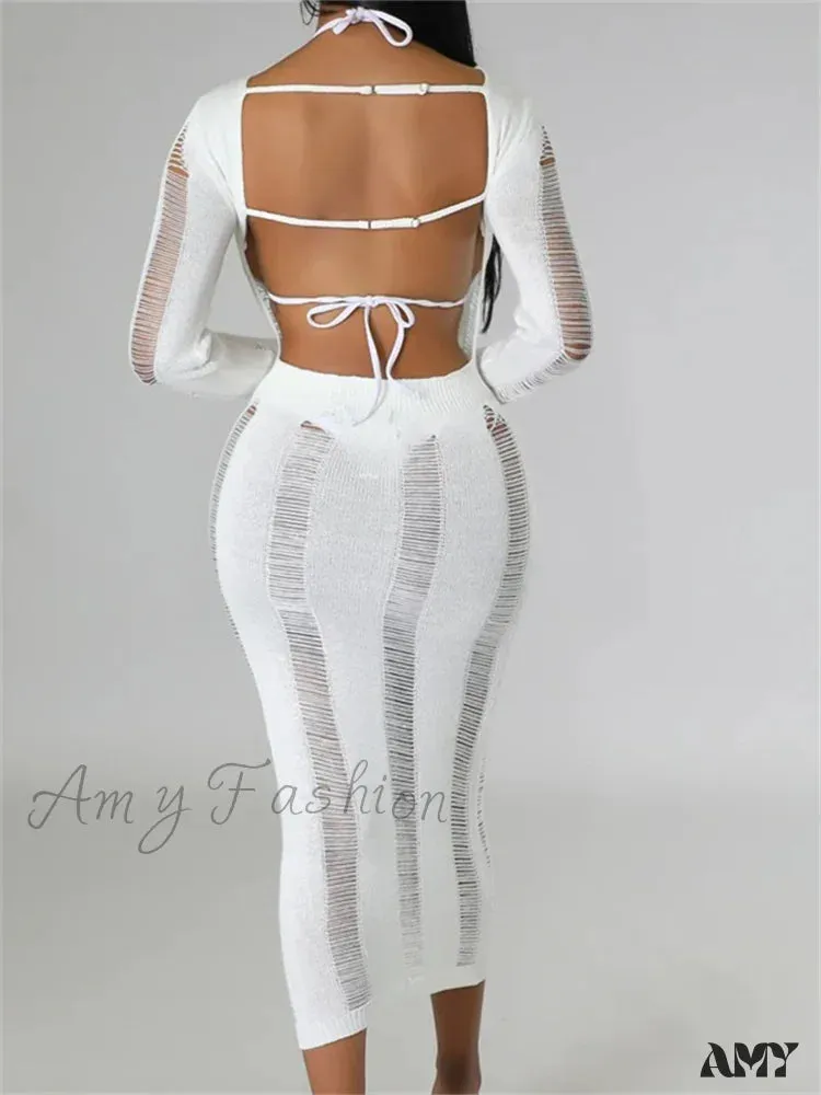 Amy Fashion - Women Knitted Spring Fall  Backless  Sleeve O-Neck Cutout Casual Party Female Vestidos Clubwear