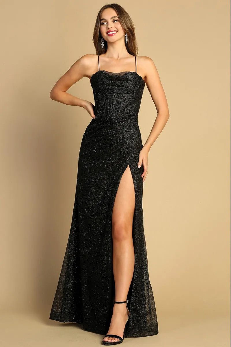 Black Cowl Neck High Slit Metallic Glitter Sheath Dress