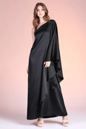 Black Washed Poly Silk Athena One Shoulder Maxi