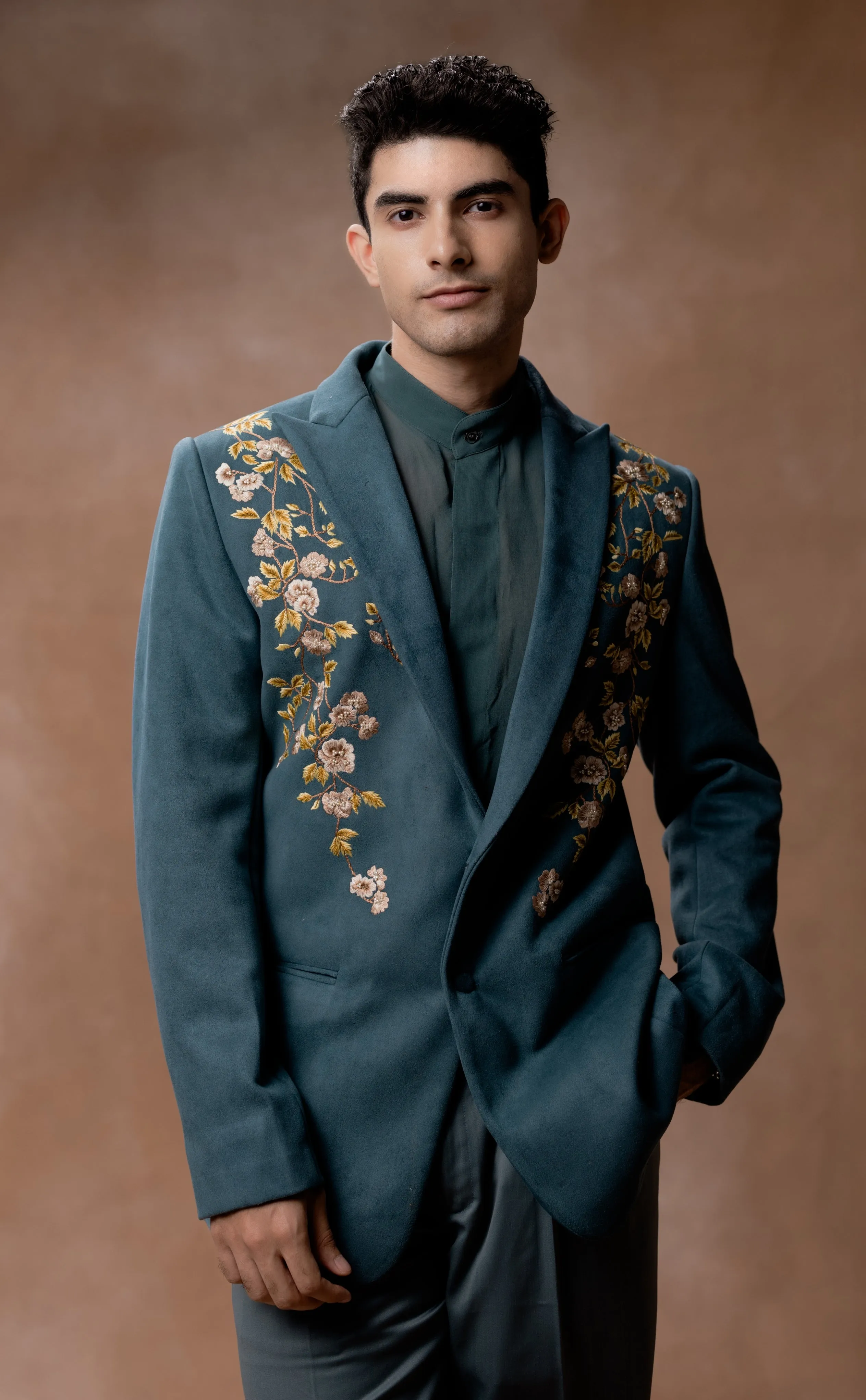 DESIGNER EMBROIDERED BLAZER IN SUEDE