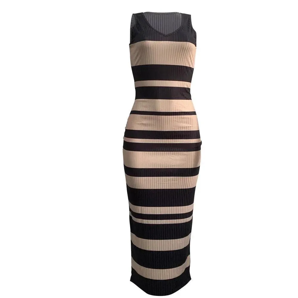 Elegant V-Neck Striped Maxi