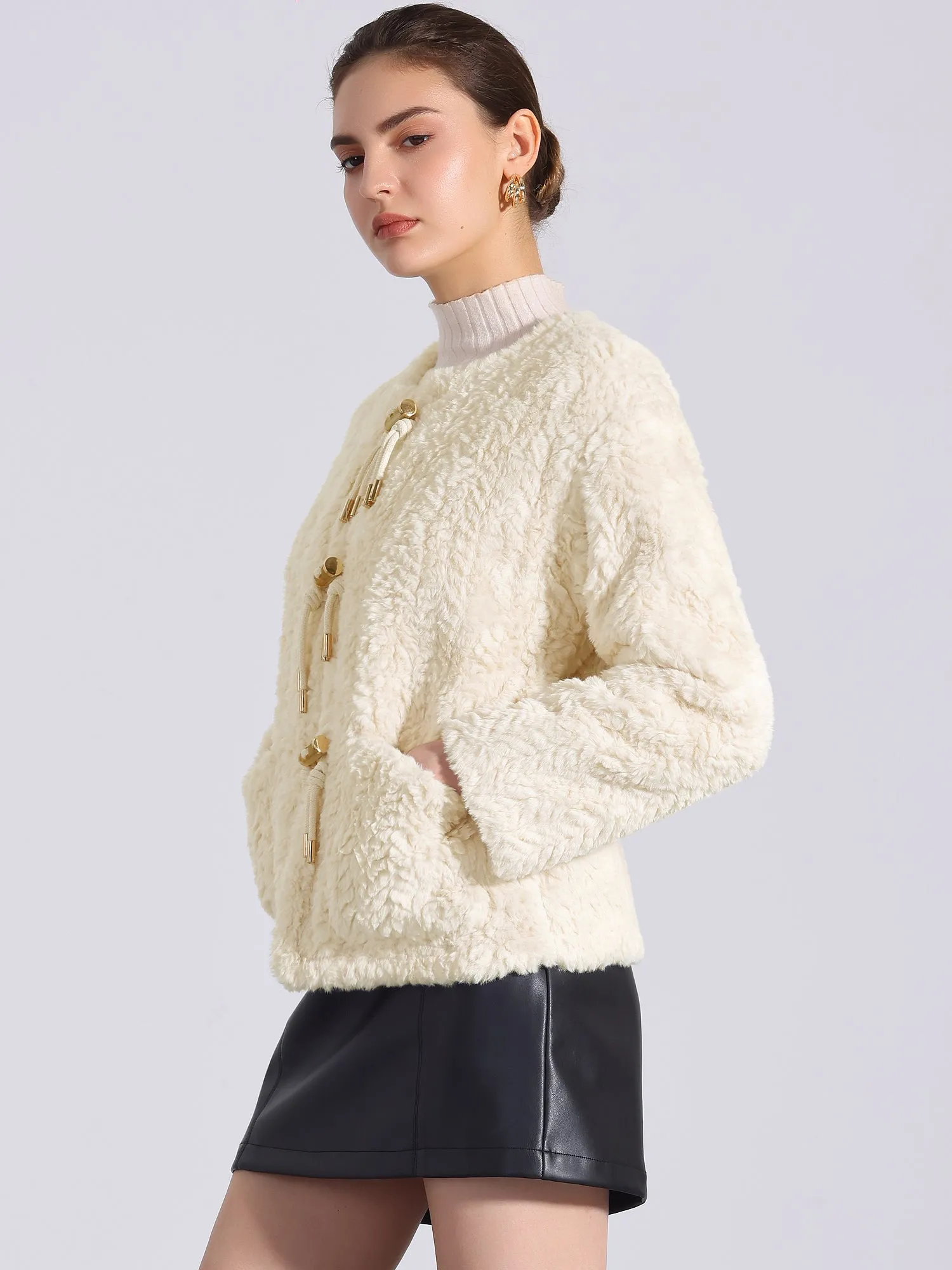 Faux Fur Long Sleeves Fluffy Toggle Button Coats Jackets