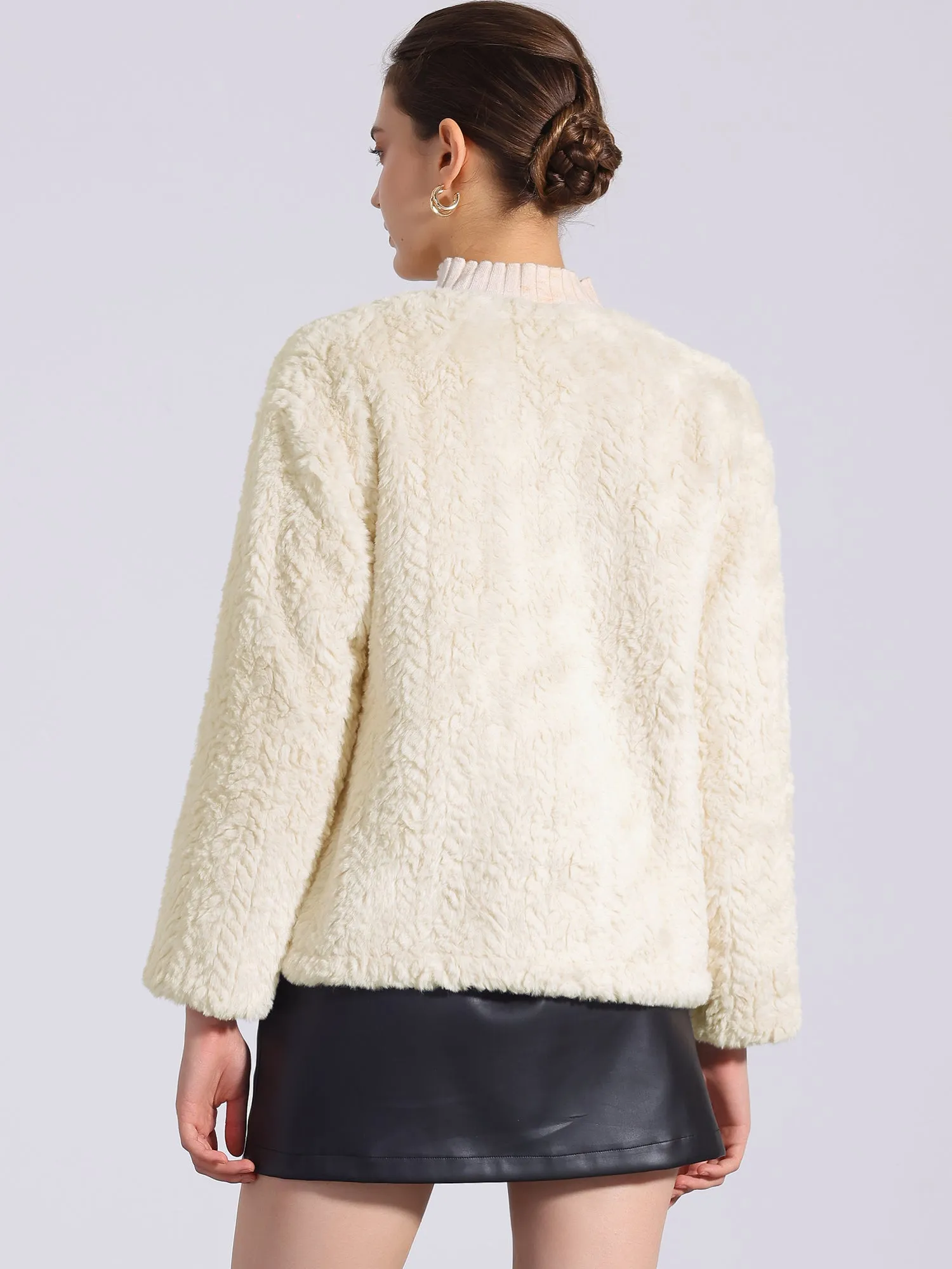 Faux Fur Long Sleeves Fluffy Toggle Button Coats Jackets