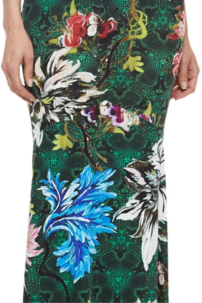 Floral Print Long Jersey Silk V-Neck Dress in Green