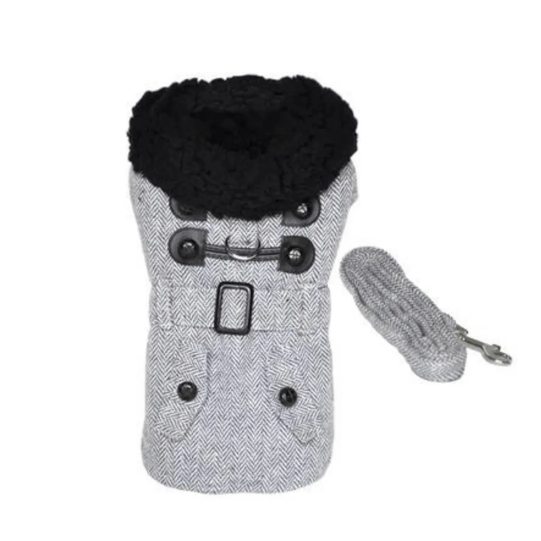 Grey Herringbone Dog Coat with Leash