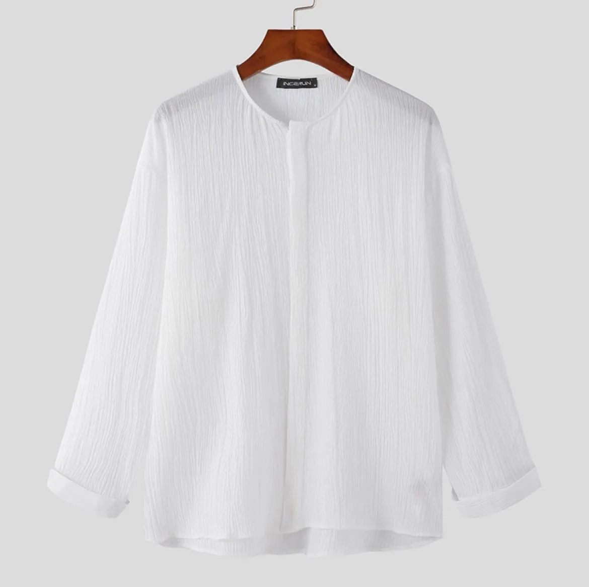 INCERUN Mens Long Sleeve Loose Pleated Textured Collarless Solid Shirts S4668430