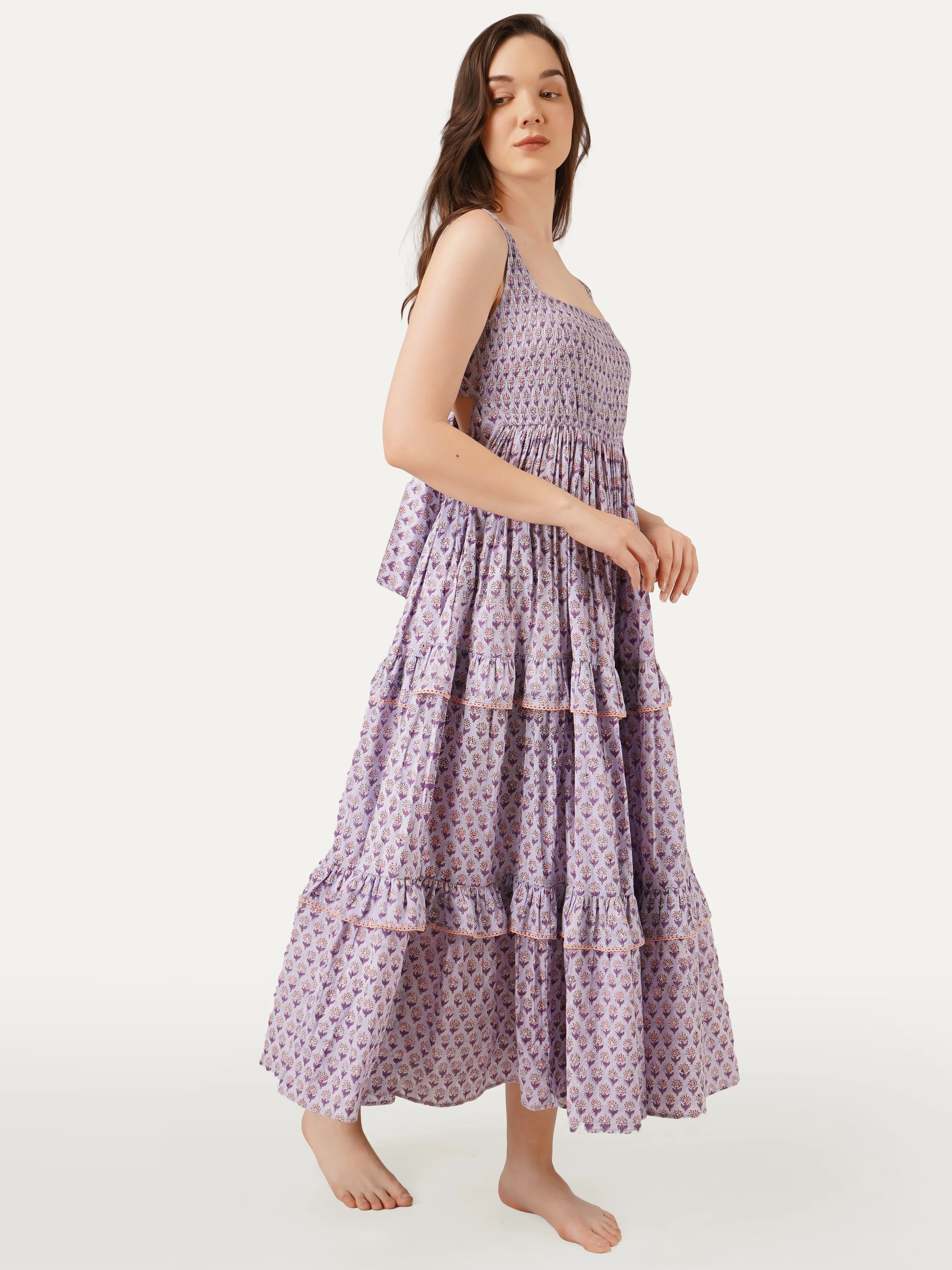 Lavender Cotton Tiered Dress With Back Bow Details