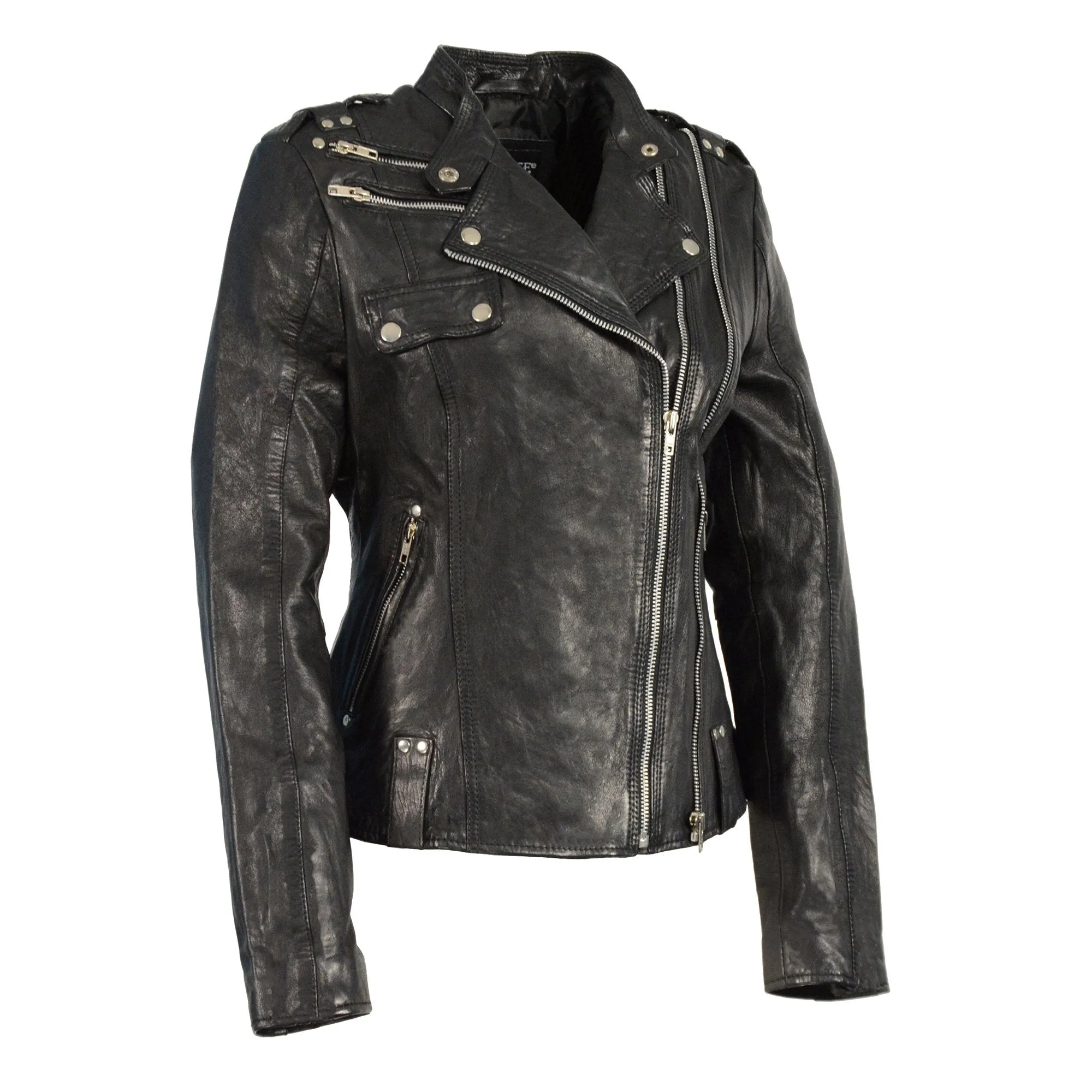 Milwaukee Leather-SFL2845-Ladies Black Leather Motorcycle Jacket  Look with Asymmetrical Zipper