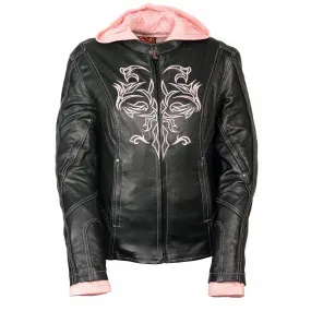 PINK ML2066 Women's 3/4 Black and Pink Leather Hoodie Jacket with Reflective Tribal Design