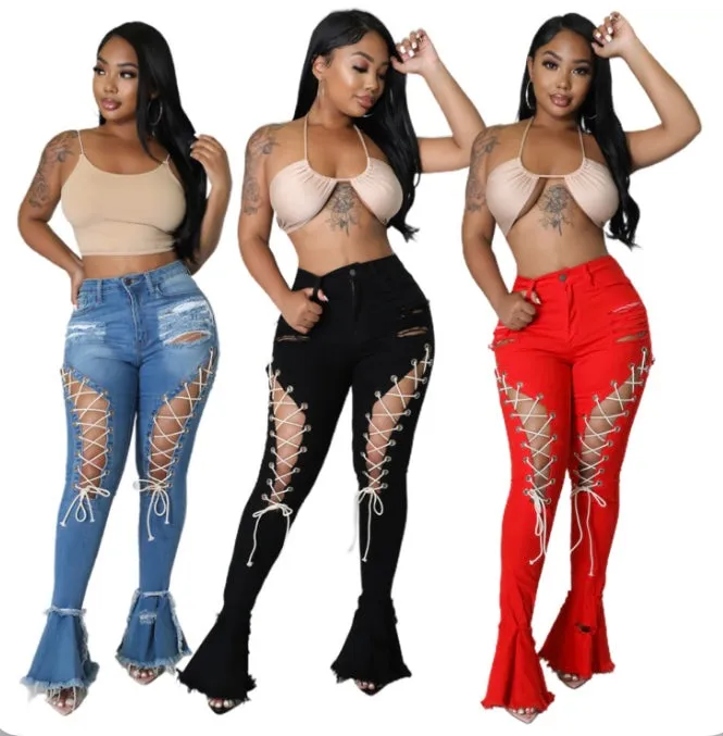 Plus Size Denim Ripped Hole Lace-Up Flared Jeans