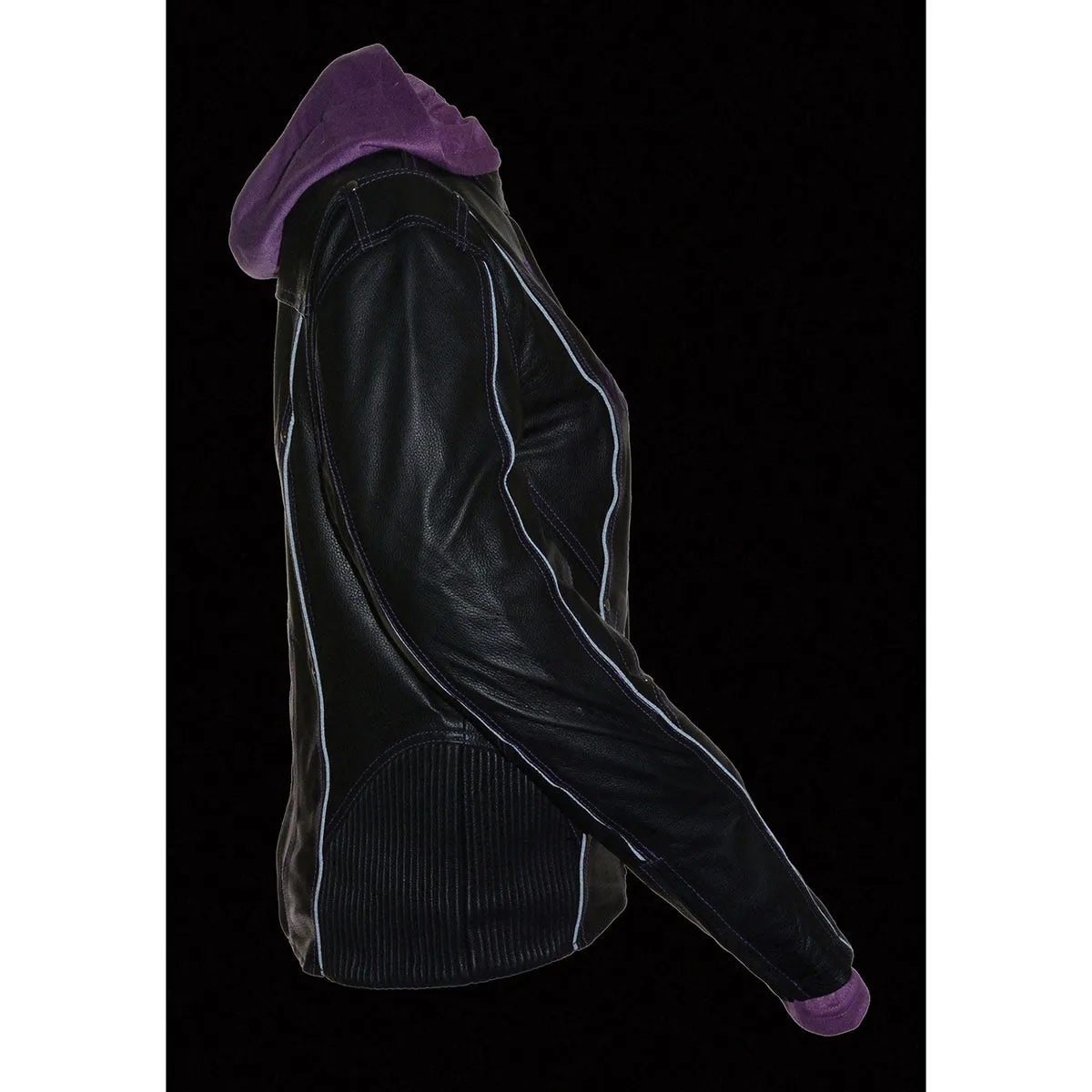Purple ML2067 Women's 3/4 Black and Purple Leather Hoodie Jacket with Reflective Tribal Design