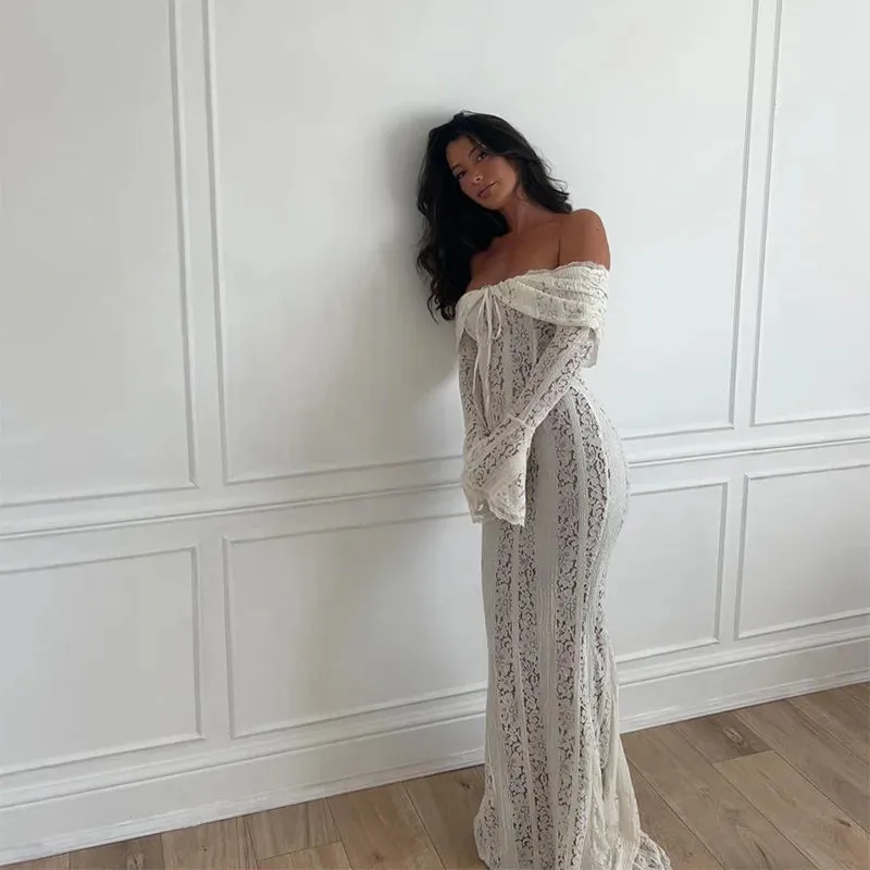 "White Off-Shoulder Lace-Up Maxi Dress – Elegant Seaside Gown for Summer"