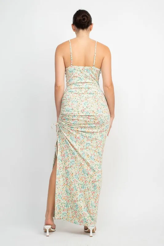Sage Floral Slit Ruched Maxi Dress