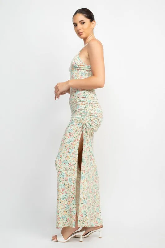 Sage Floral Slit Ruched Maxi Dress