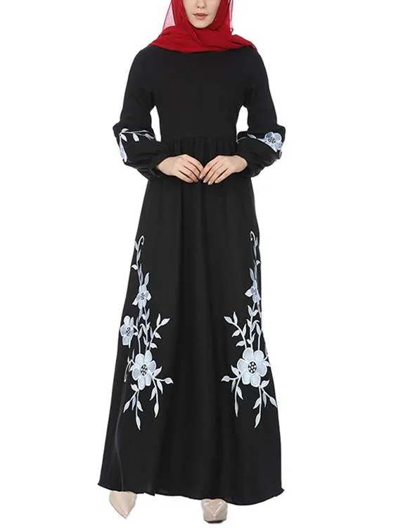 Wholesale Black Round Neck Long Sleeve Embroidered Zip Back Maxi Dress