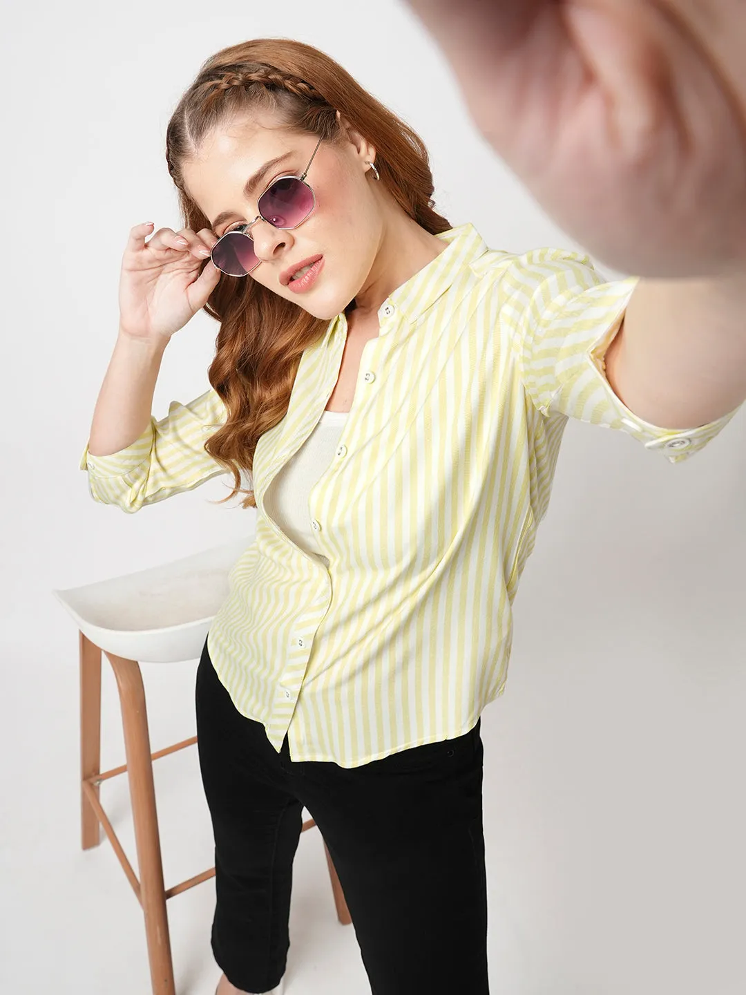 Women Slim Fit Lime/White Stripe Shirt