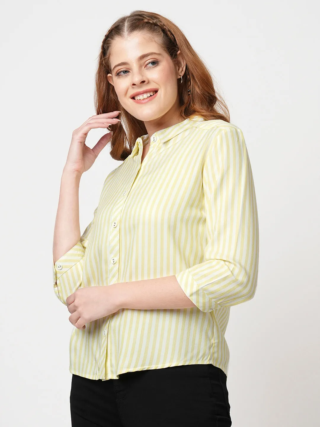Women Slim Fit Lime/White Stripe Shirt