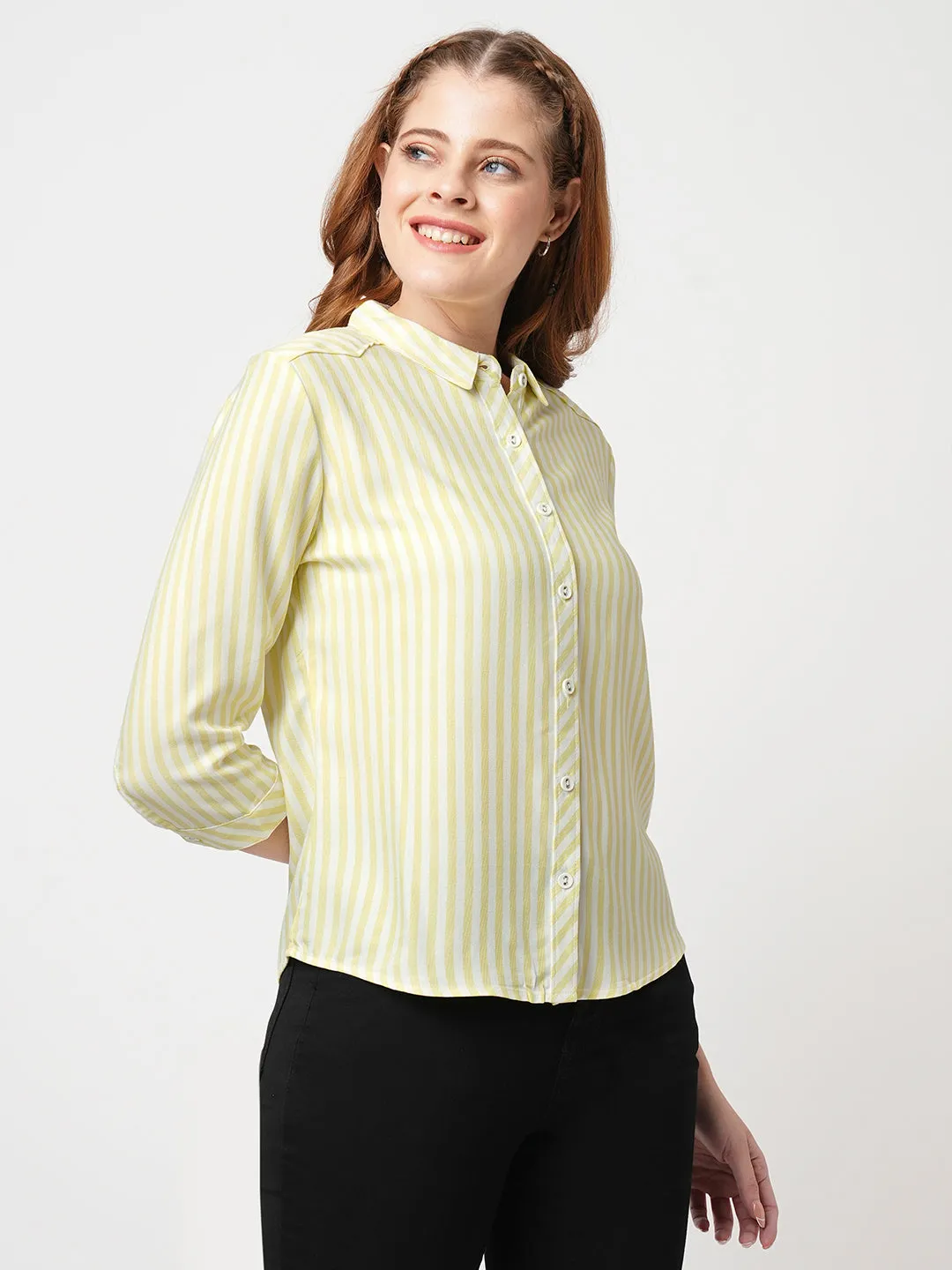 Women Slim Fit Lime/White Stripe Shirt
