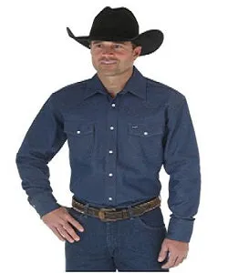 WRANGLER COWBOY CUT FIRM FINISH LONG SLEEVE WESTERN SNAP SOLID WORK SHIRT IN BLUE STYLE MS70119