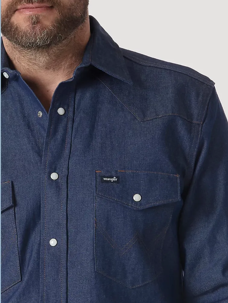WRANGLER COWBOY CUT FIRM FINISH LONG SLEEVE WESTERN SNAP SOLID WORK SHIRT IN BLUE STYLE MS70119