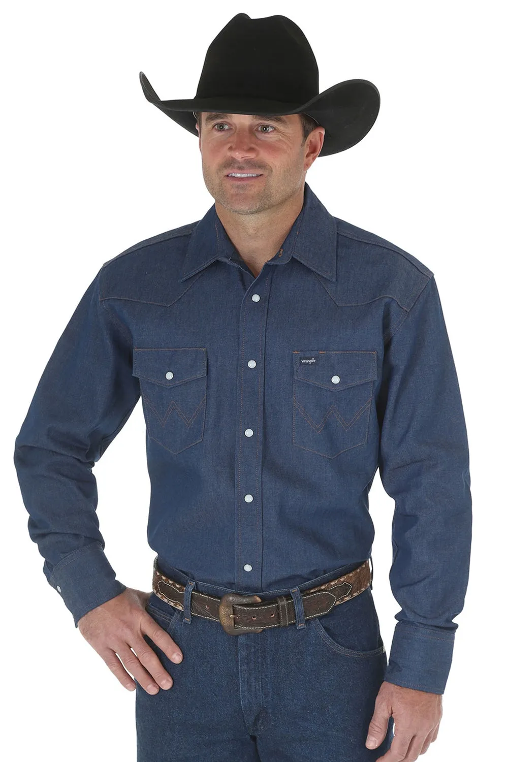 WRANGLER COWBOY CUT FIRM FINISH LONG SLEEVE WESTERN SNAP SOLID WORK SHIRT IN BLUE STYLE MS70119