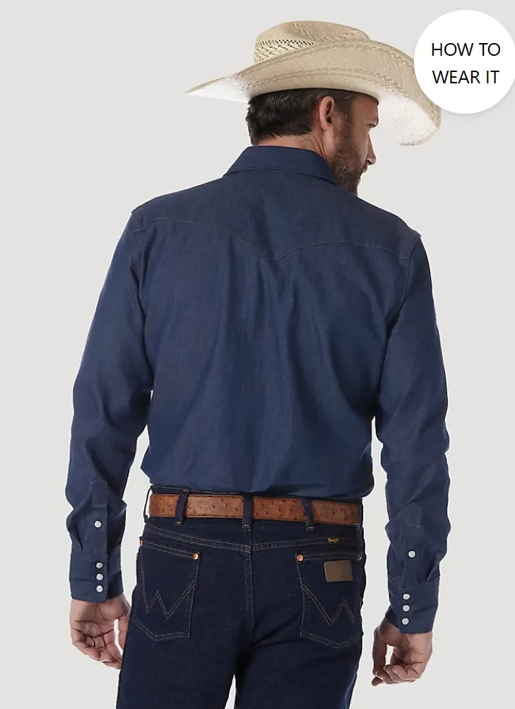 WRANGLER COWBOY CUT FIRM FINISH LONG SLEEVE WESTERN SNAP SOLID WORK SHIRT IN BLUE STYLE MS70119
